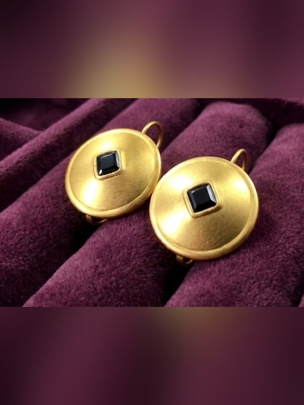 Vintage - Gold-Tone Round Drop Earrings with Black Gem Accent